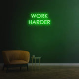 Work Harder green neon sign on a dark wall, perfect for gym or home decor, motivational LED neon sign for productivity.
