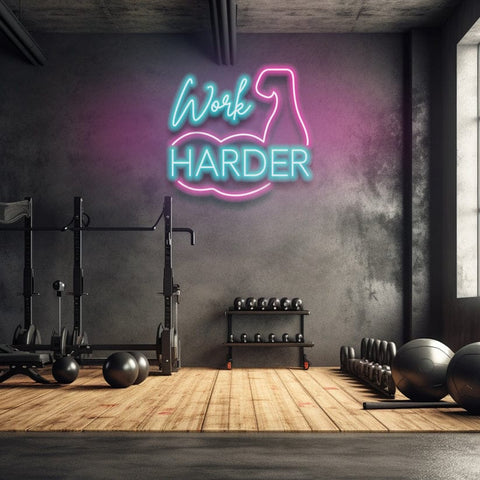 Work Harder neon sign with pink and blue lights, featuring a flexed arm design, ideal for gym decor or fitness motivation.