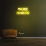 Work Harder lemon yellow neon sign on a dark wall, perfect for gym or home decor, motivational LED neon sign for productivity.
