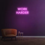 Work Harder purple neon sign on a dark wall, perfect for gym or home decor, motivational LED neon sign for productivity.