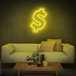 Yellow neon dollar sign for vibrant wall decor and room lighting
