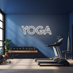 green yoga LED neon sign illuminating a fitness room for a vibrant and modern gym decor.