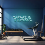 white yoga LED neon sign illuminating a fitness room for a vibrant and modern gym decor.
